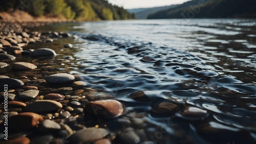 A Serene View of Calm Water and Smooth Pebbles Along a Riverbank During a Sunny Afternoon