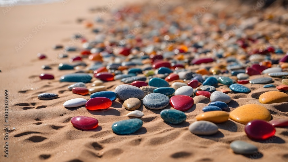 Obraz premium Colorful Polished Stones Scattered Along a Sandy Beach by the Ocean During a Sunny Day