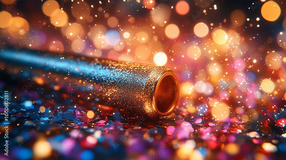A golden party popper lies on a bed of colorful confetti with a bokeh background. A golden party popper lies on a bed of colorful confetti with a bokeh background.