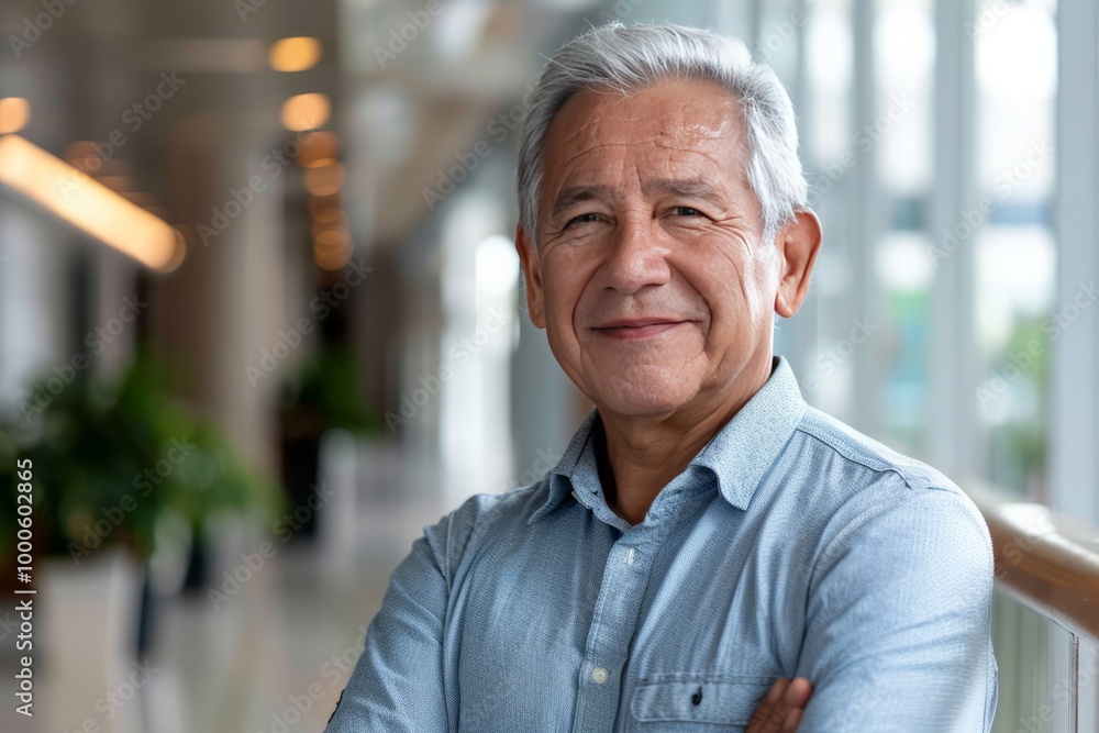 Fototapeta premium Portrait of successful senior Mayan businessman consultant looking at camera and smiling inside modern office building , background blur