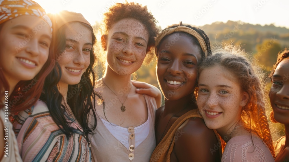 A diverse group of young women, all smiling and standing closely together A diverse group of young women, all smiling and standing closely together