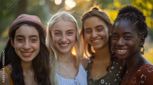 A diverse group of young women, all smiling warmly and standing closely