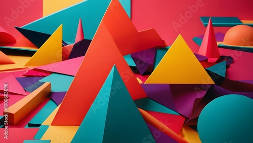 Colorful Geometric Shapes Creating an Abstract Landscape With Vibrant Triangles and Circles in Vivid Hues