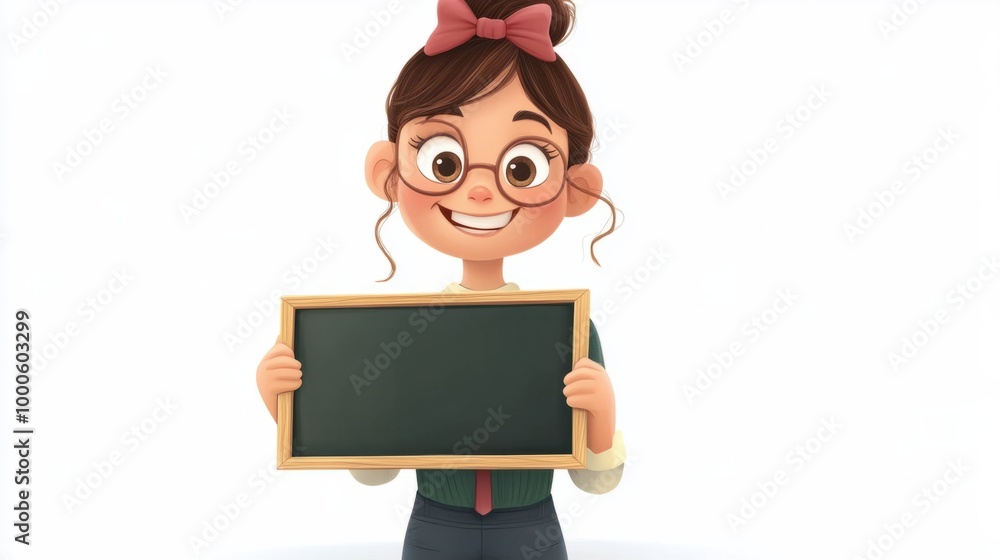 Adorable cartoon teacher holding a chalkboard with a smile, standing confidently, isolated on a clean white background. Adorable cartoon teacher holding a chalkboard with a smile, standing confidently, isolated on a clean white background.