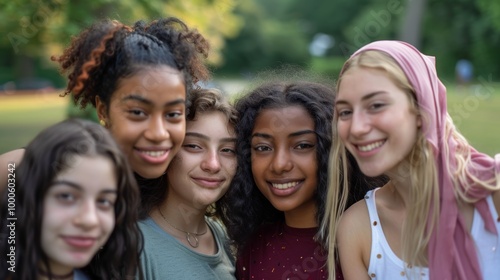 A diverse group of young women, all standing closely and smiling warmly