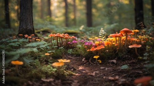 Vibrant Mushrooms and Wildflowers in a Sunlit Forest During Early Morning