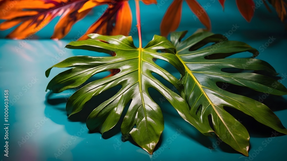 Vibrant Tropical Leaves Resting on a Colorful Background With Artistic Lighting in a Creative Setup Vibrant Tropical Leaves Resting on a Colorful Background With Artistic Lighting in a Creative Setup