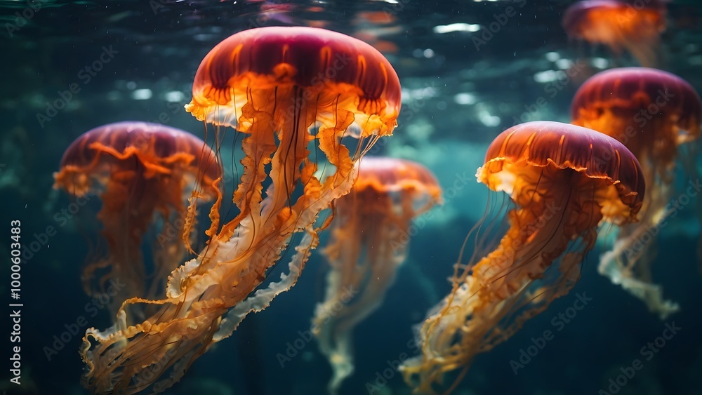 Graceful Jellyfish Hovering in a Tranquil Ocean Environment During Daylight Hours Graceful Jellyfish Hovering in a Tranquil Ocean Environment During Daylight Hours