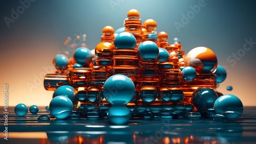 Colorful Arrangement of Translucent Spheres and Cylinders on a Reflective Surface in a Modern Artistic Setting