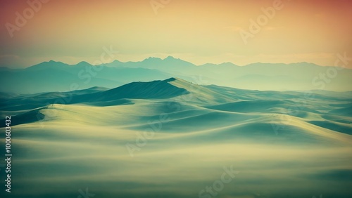 Vast Undulating Desert Landscape Under a Soft Pastel Sky During Sunset Hours