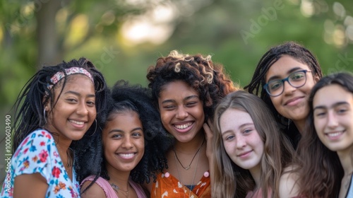 A friendly group of young women from different ethnicities, all smiling and standing closely together