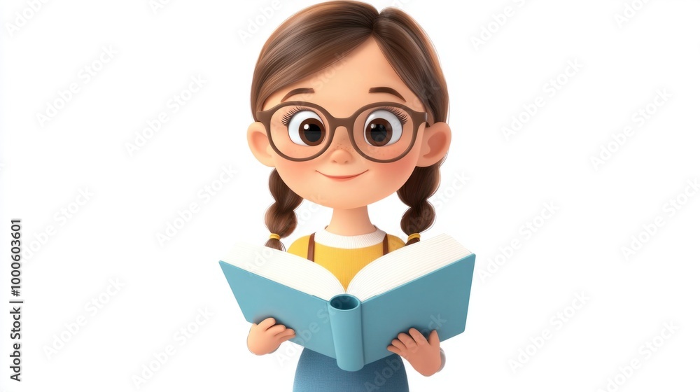 Adorable teacher cartoon character with glasses, holding an open book, isolated on a clean white background. Adorable teacher cartoon character with glasses, holding an open book, isolated on a clean white background.