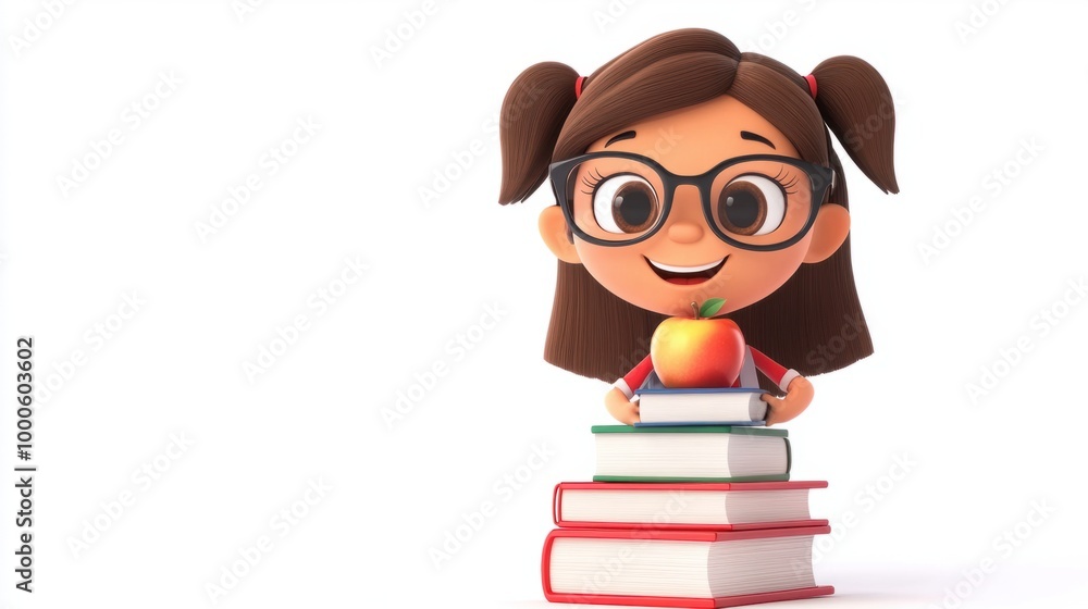 Adorable cartoon teacher with glasses, holding a stack of books and a tiny apple, isolated on white background. Adorable cartoon teacher with glasses, holding a stack of books and a tiny apple, isolated on white background.