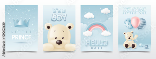 Set of baby shower invitation card including cute bear, crown, balloon and rainbow for greeting invitation welcome card, album, poster, online store, boy and children birthday party. kid fashion sale.