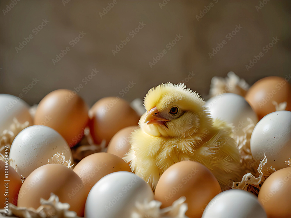 Cute fluffy yellow chicken among eggs inside a chicken coop Cute fluffy yellow chicken among eggs inside a chicken coop