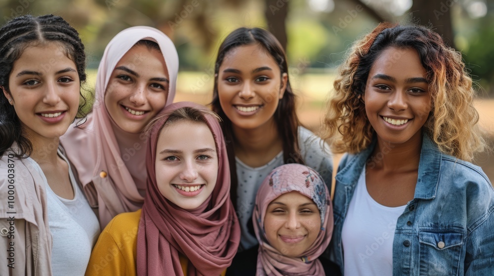 Fototapeta premium A group of young women from various ethnic backgrounds, all smiling and standing closely together