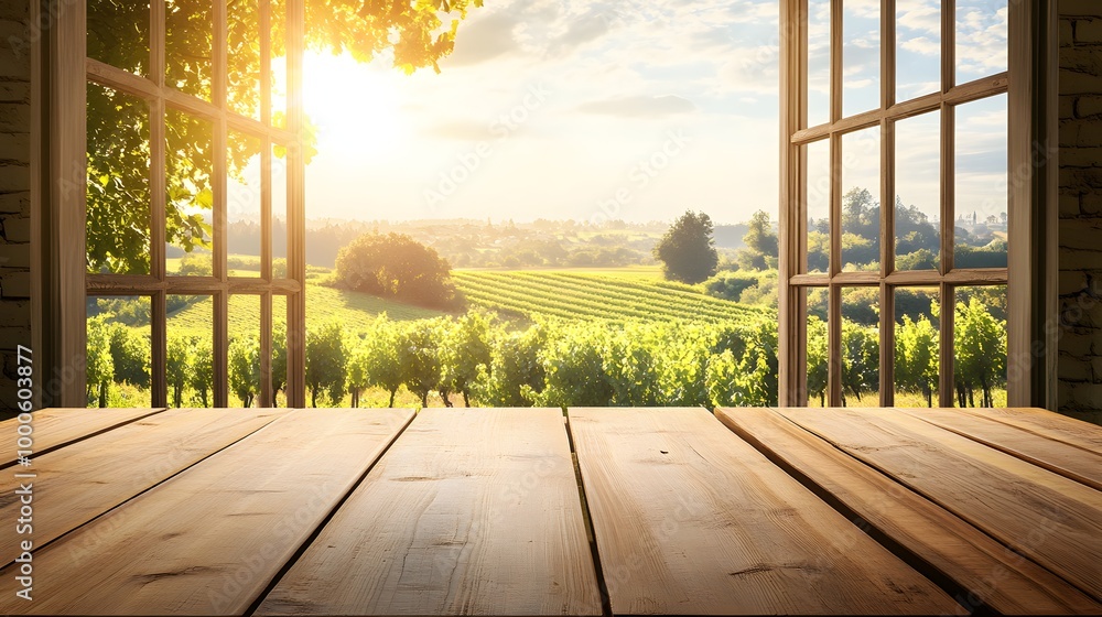 1. An empty wooden table set in front of an open window, revealing a ...