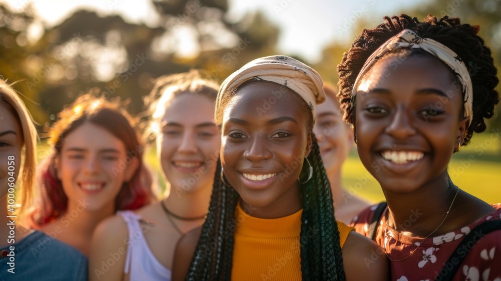 A group of young women from various races, all smiling and standing closely together A group of young women from various races, all smiling and standing closely together