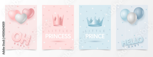 Set of cute baby shower cards including crown, balloons, star and heart  for boy and girl with blue and pink background. little prince princess Vector illustrations for invitation greeting cards