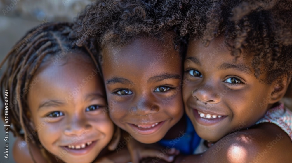 Fototapeta premium A heartwarming close-up of three smiling kids with different hair types