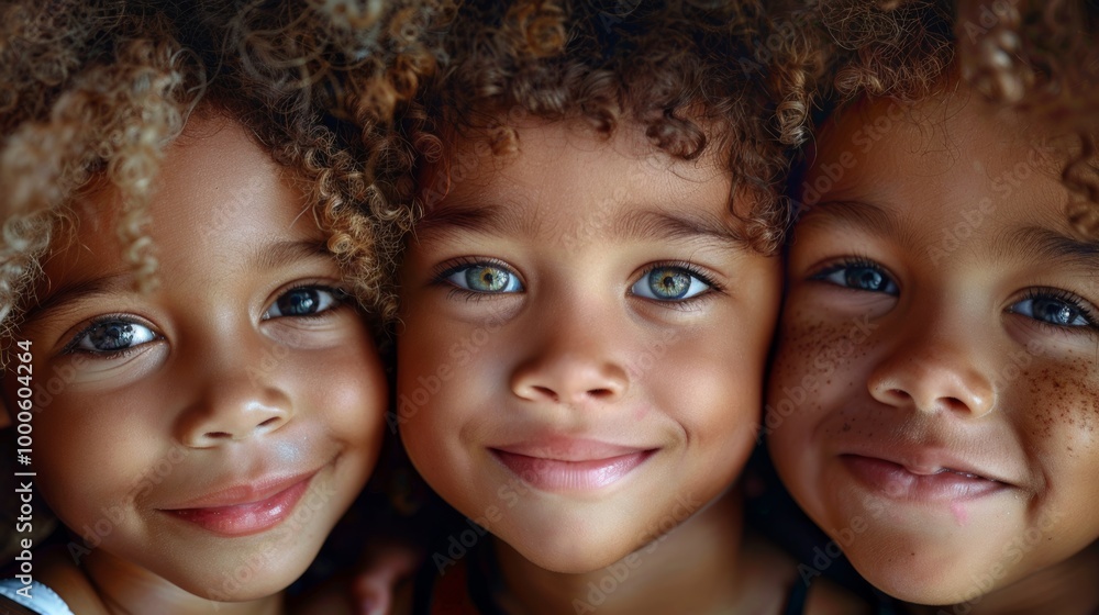 A heartwarming close-up of three smiling kids with different hair types A heartwarming close-up of three smiling kids with different hair types