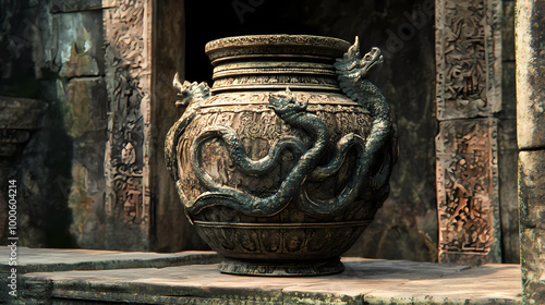 Ancient jar with khmer naga serpent designs, near an ancient temple entrance. Naga. Illustration