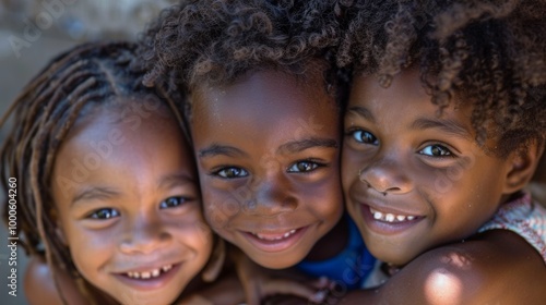 A heartwarming close-up of three smiling kids with different hair types