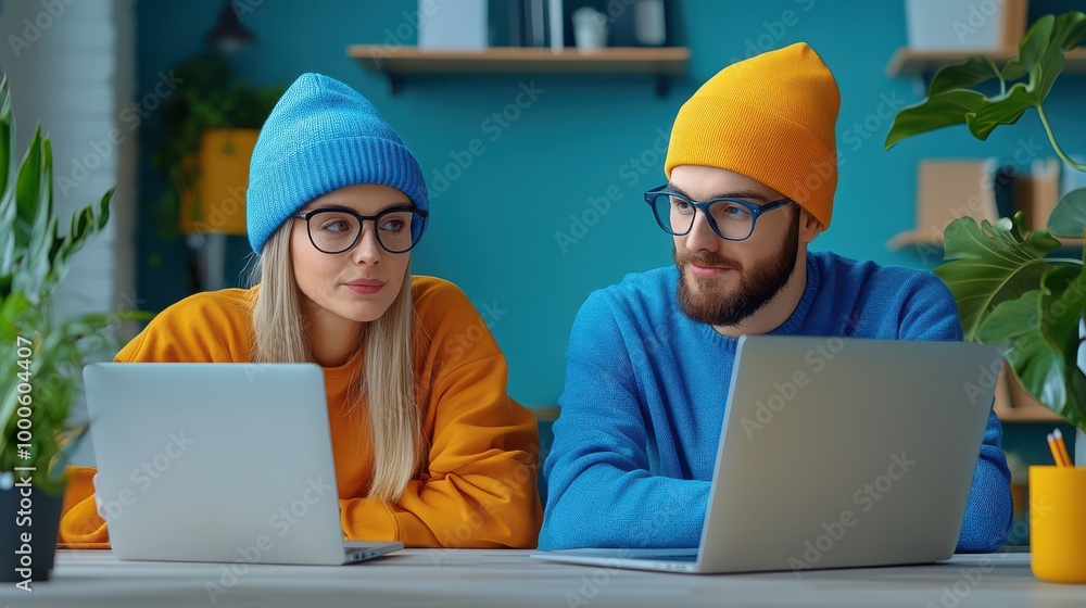 Young Couple Working on Laptops at Home Office Young Couple Working on Laptops at Home Office
