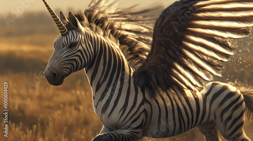 Angular close-up of a zebra with a unicorn horn and striped wings as a mythical pegasus. Pegasus Flight. Illustration