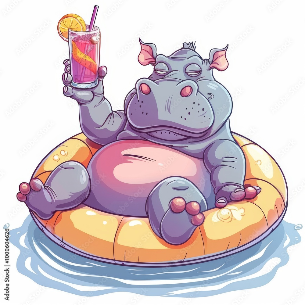 Cute hippo Chill On Swimming Tires With Juice Cartoon Cute hippo Chill On Swimming Tires With Juice Cartoon