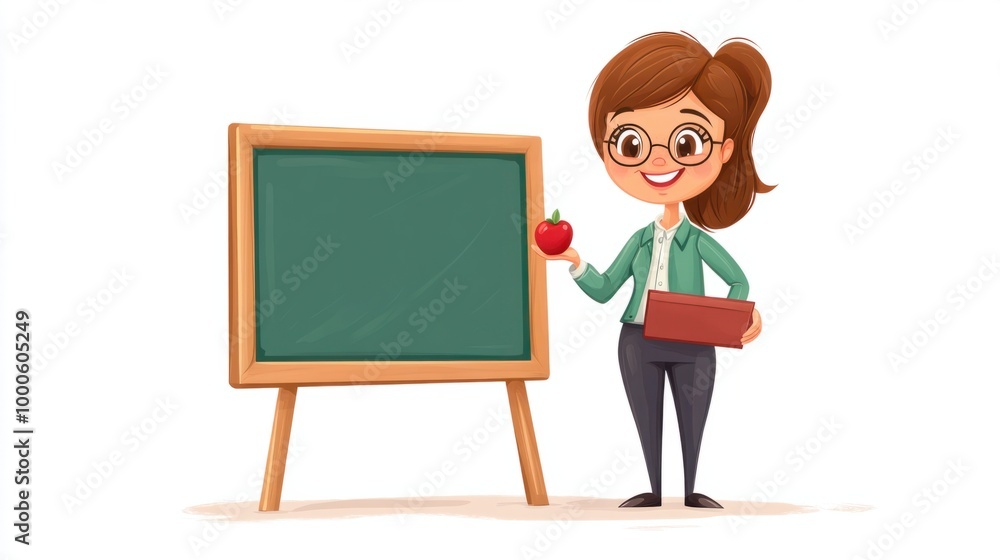 Cartoon teacher holding a tiny apple and pointing to a chalkboard with a smile, isolated on white background. Cartoon teacher holding a tiny apple and pointing to a chalkboard with a smile, isolated on white background.