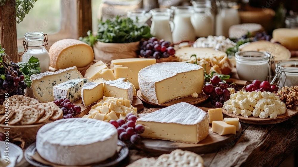 Assorted Cheese and Milk on a Wooden Board Assorted Cheese and Milk on a Wooden Board