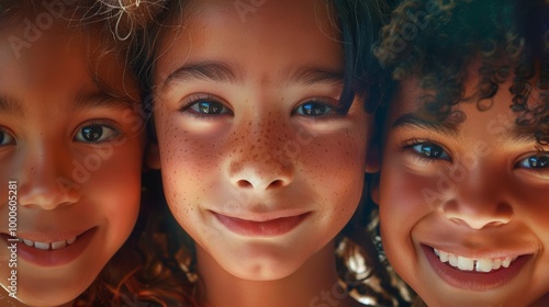 A close-up of three children, different hair types