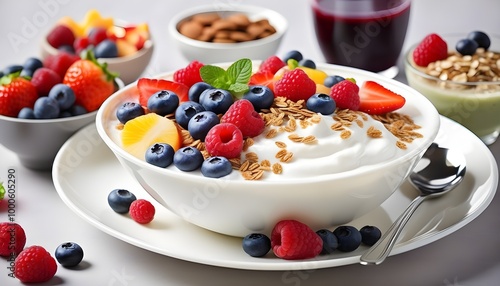 Wholesome breakfast featuring creamy yogurt topped with fresh berries and crunchy muesli