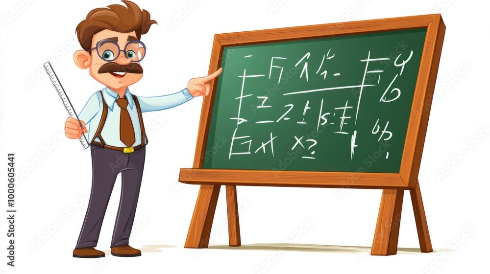Cartoon teacher standing with a ruler in hand, pointing to a chalkboard with equations, isolated on white background. Cartoon teacher standing with a ruler in hand, pointing to a chalkboard with equations, isolated on white background.