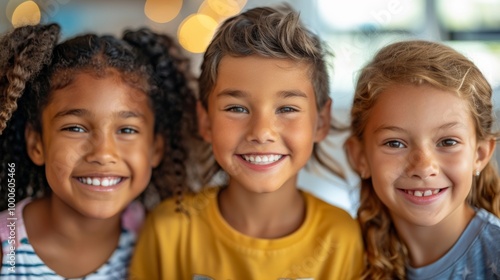 A close-up of three happy kids, each with different hair types