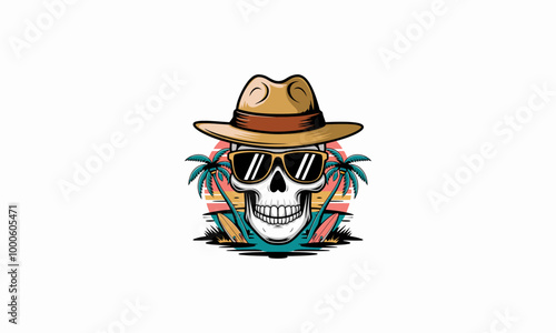 Skull with sunglasses and hat, tropical sunset