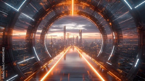 A futuristic corridor illuminated by orange lights leads to a distant city skyline under a dramatic sky.