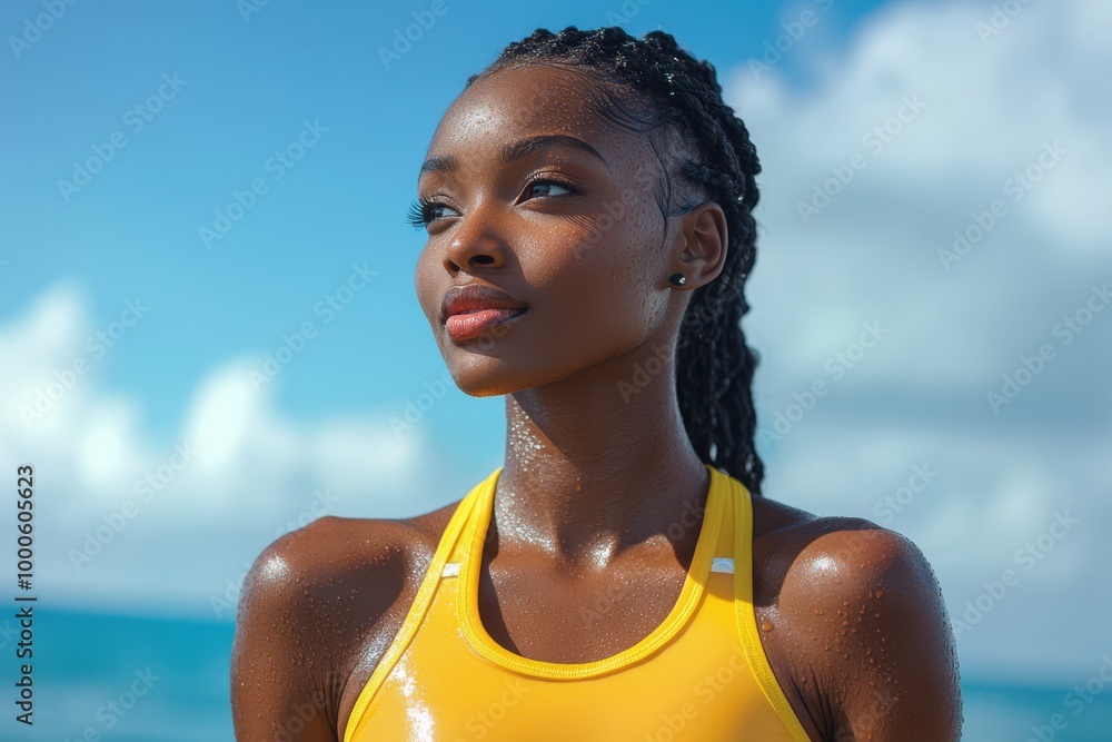 Black Woman with Braids Looking Up at the Sky on the Beach Black Woman with Braids Looking Up at the Sky on the Beach