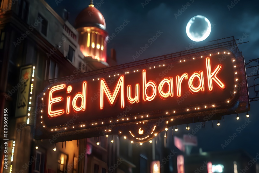 3D text Eid Mubarak on billboard at night in a city eid mubarak concept with modern building and moon. 3D text Eid Mubarak on billboard at night in a city eid mubarak concept with modern building and moon.
