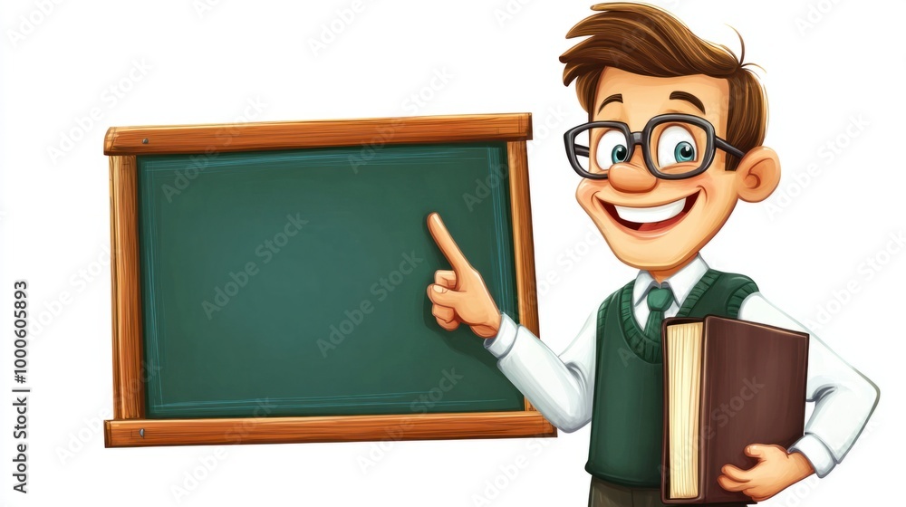 Cartoon teacher with glasses and a big book, pointing to a chalkboard, smiling brightly, isolated on white background.