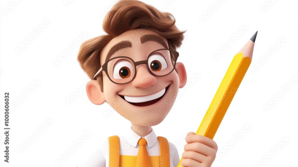 Cartoon teacher with glasses, holding a giant pencil and smiling happily, isolated on white background. Cartoon teacher with glasses, holding a giant pencil and smiling happily, isolated on white background.