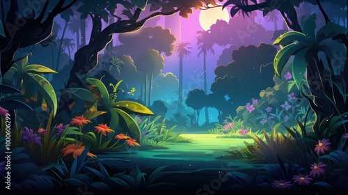 A mystical and lush jungle at dusk with a glowing moon and a path in the foreground.