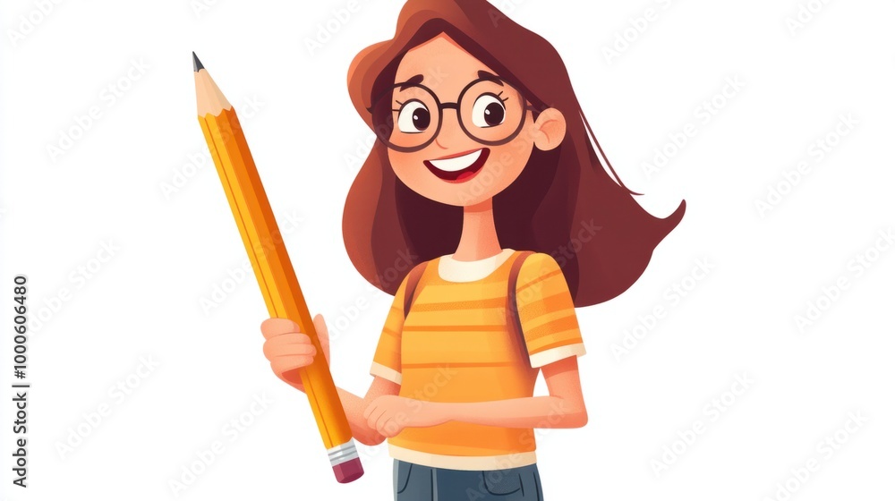 Cute cartoon teacher holding a large pencil, smiling and ready to teach, isolated on a white background. Cute cartoon teacher holding a large pencil, smiling and ready to teach, isolated on a white background.