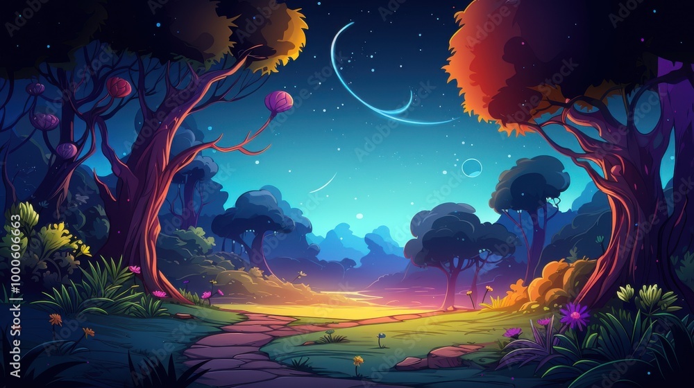 A Mystical Forest Path Under a Starry Sky A Mystical Forest Path Under a Starry Sky