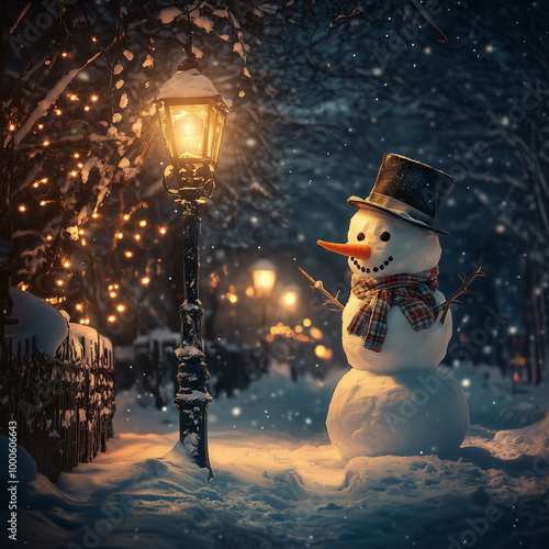 winter atmosphere at night with snowman