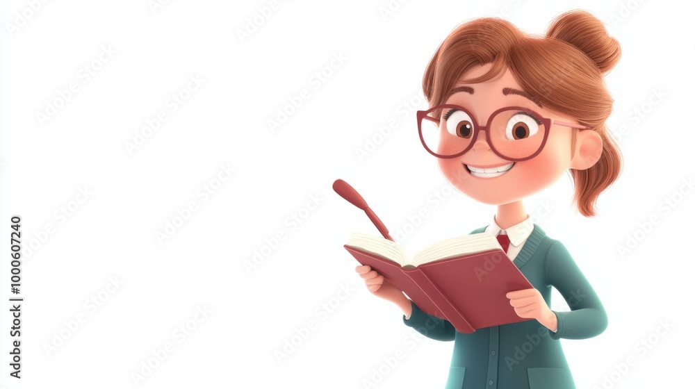 Cute cartoon teacher with a friendly smile, holding a book and a pointer stick, isolated on a clean white background. Cute cartoon teacher with a friendly smile, holding a book and a pointer stick, isolated on a clean white background.