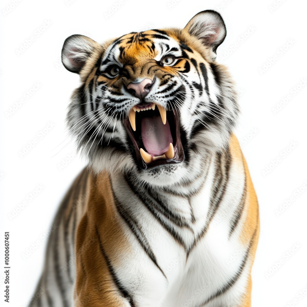 Fototapeta premium A fierce tiger roaring, showcasing its powerful physique and striking stripes against a white background.