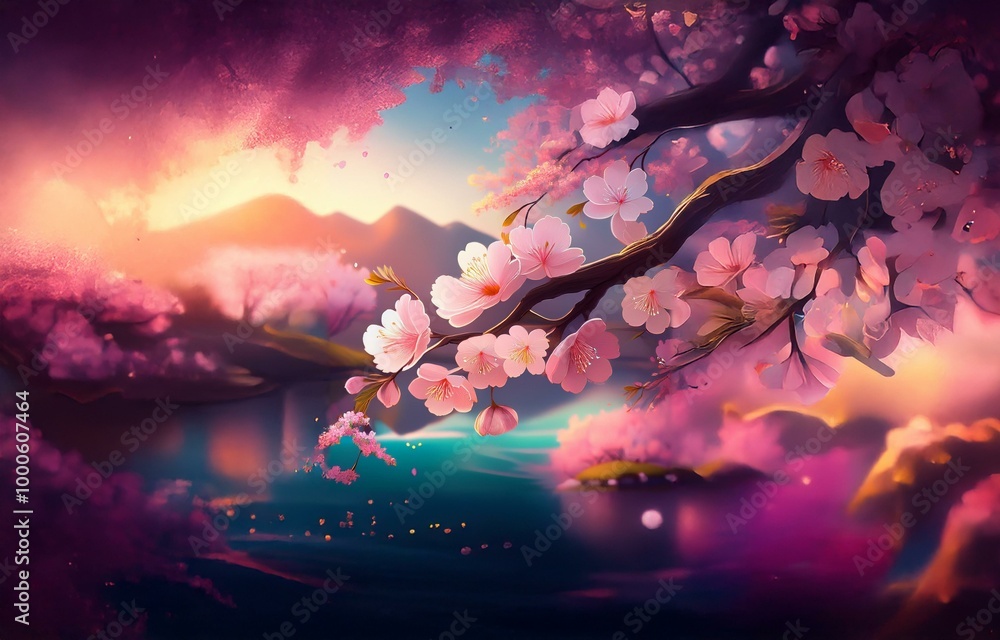 Obraz premium Pink cherry blossoms in full bloom, hanging over a shimmering blue lake at sunset.