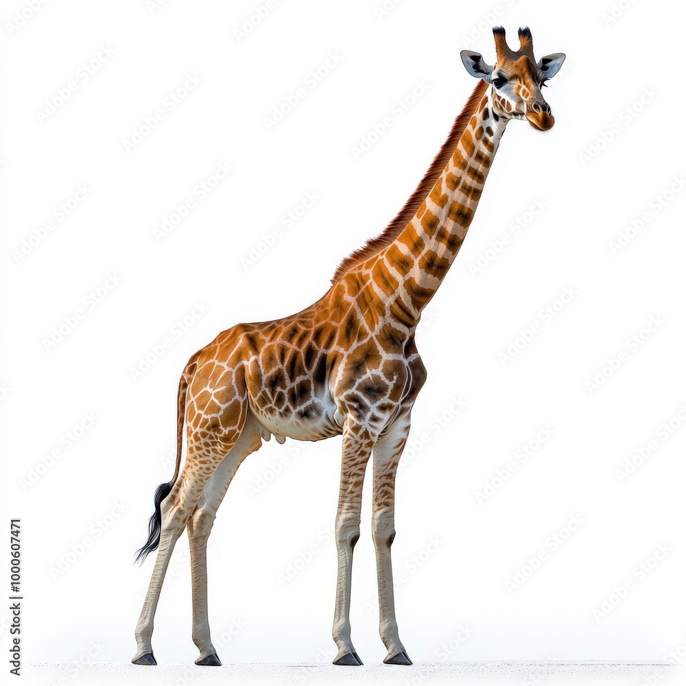 Obraz premium A majestic giraffe standing tall against a white background, showcasing its unique markings and graceful stature.